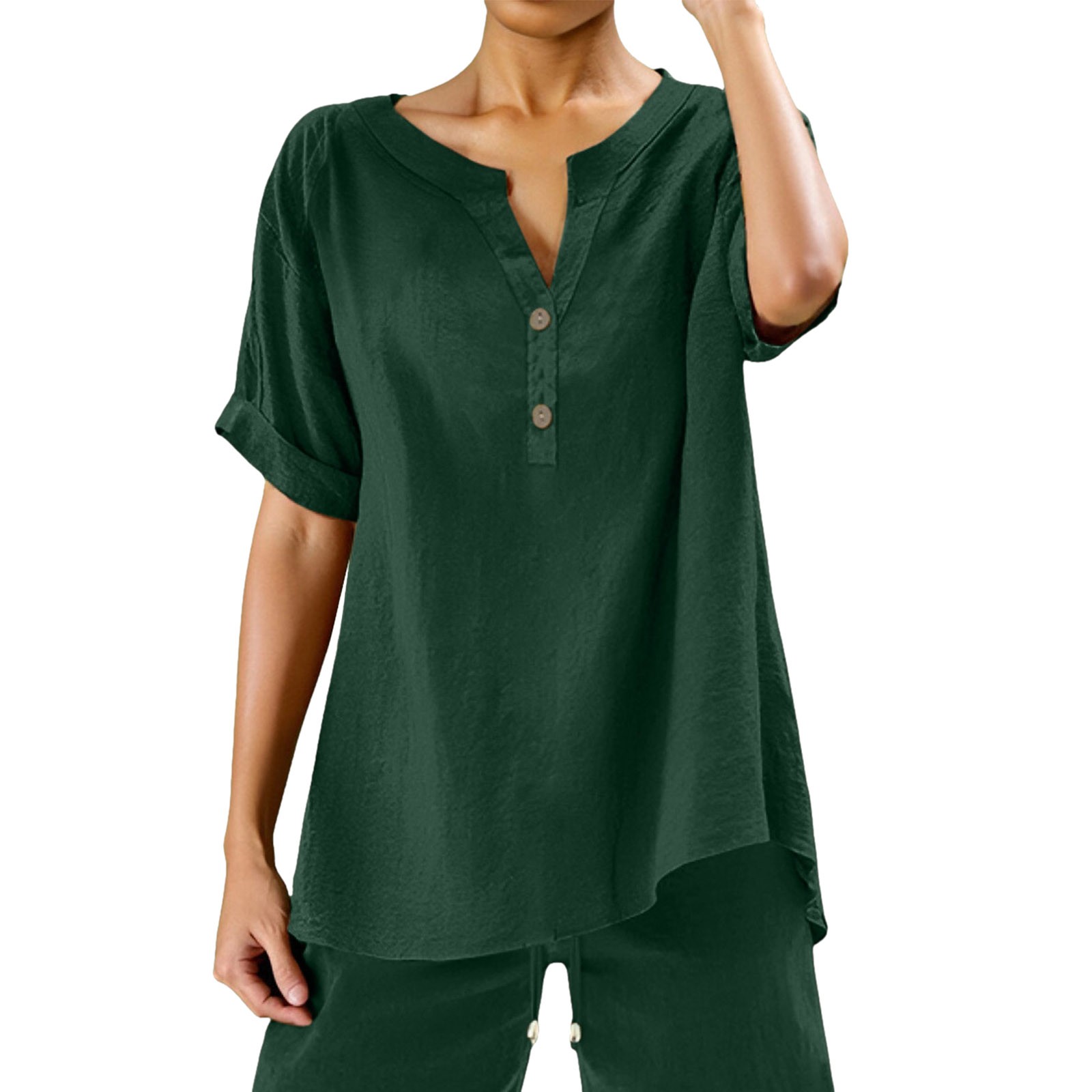 Blusa holgada con botones para mujer: manga corta, cuello en V, color liso, camisa informal para uso diario/trabajo, tallas S/XXXXXL.